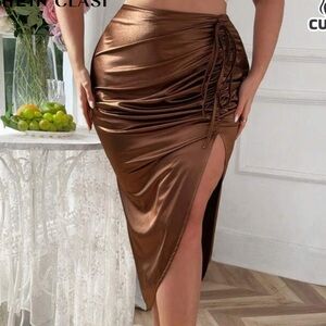 Satin Ruched High-Slit Midi Skirt in Bronze